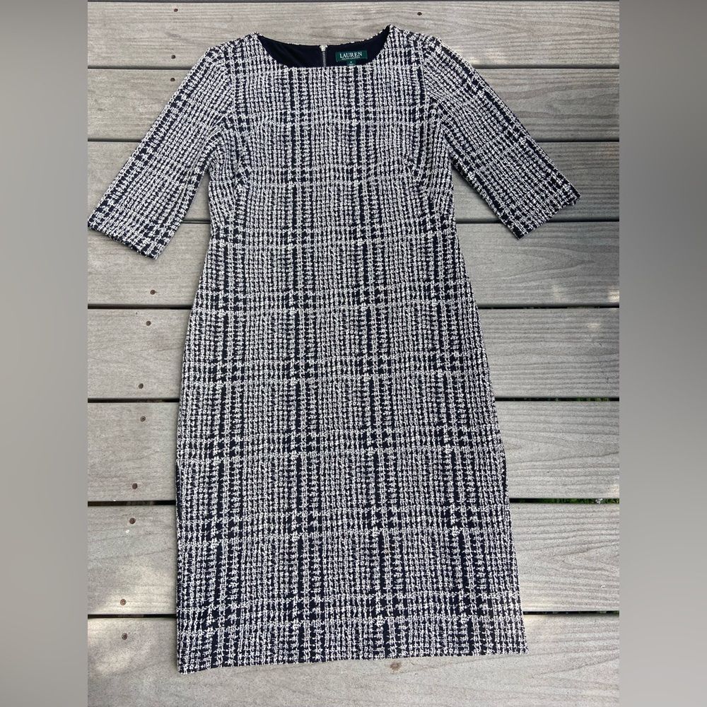 Ralph Lauren Black and White Tweed Plaid Long Sleeve Dress